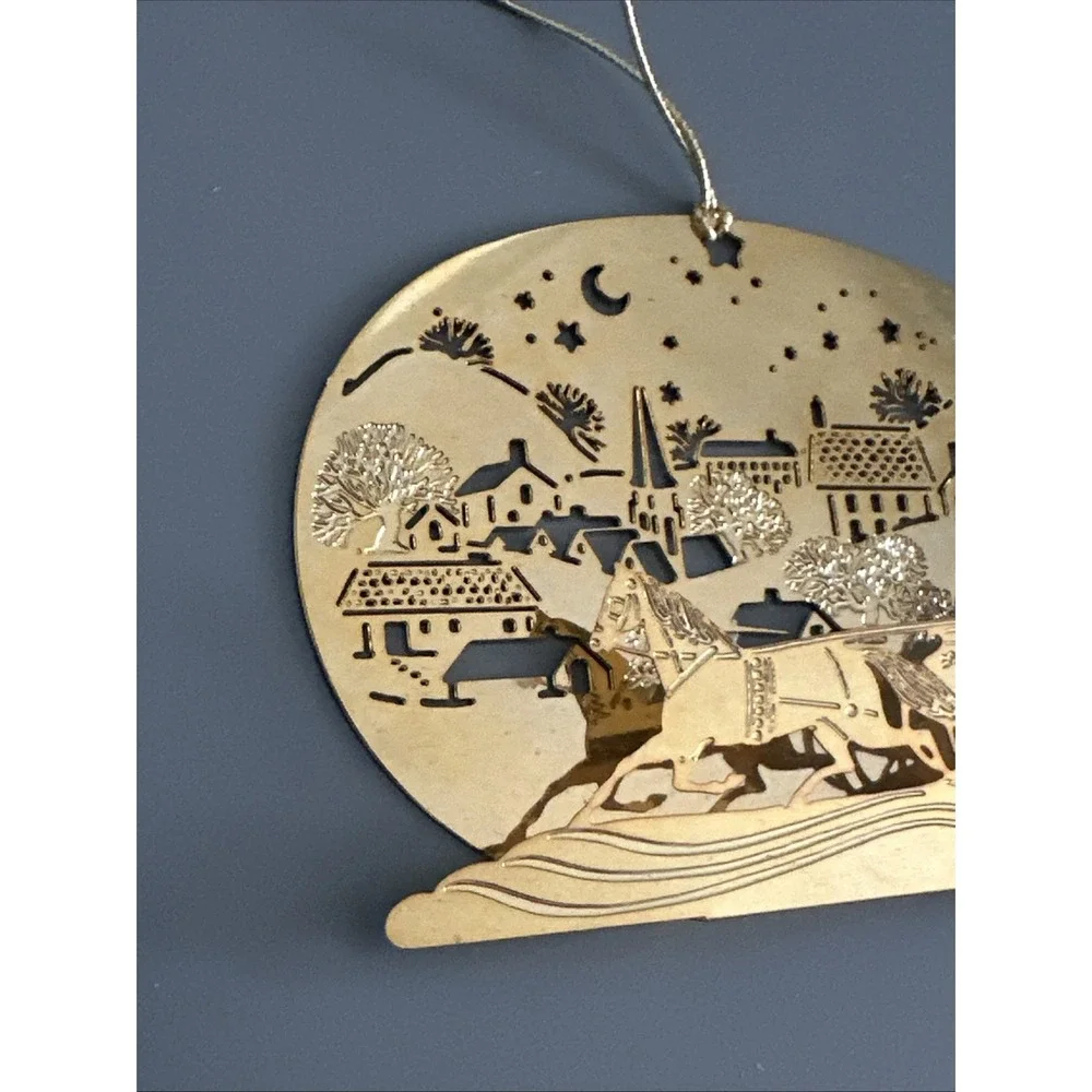 Hallmark 1982 3D Brass Sleigh Ride Gold Tone Christmas Ornament